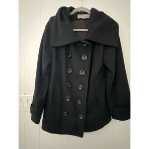 KC Collections Black Wool Blend Double Breasted Pea Coat - Size Large